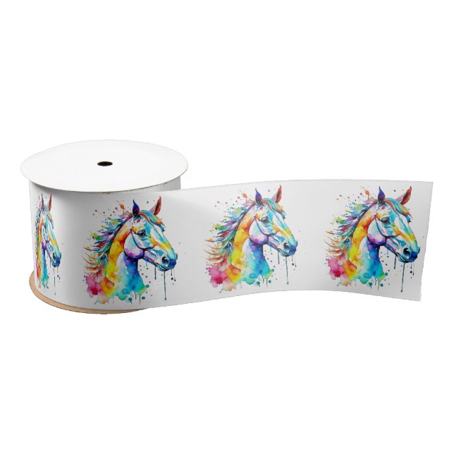 Colorful watercolor horse head design  satin ribbon (Spool)