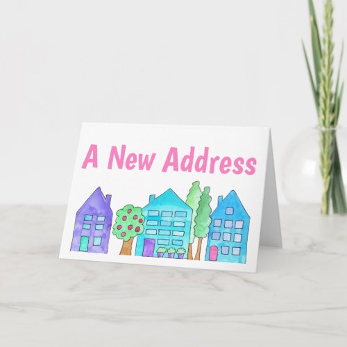 Colorful watercolor houses New address card