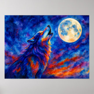 Colorful Watercolor Howling Wolf & Full Moon Poster