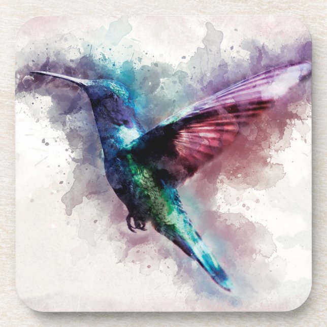 Colorful Watercolor Hummingbird Beverage Coaster (Front)