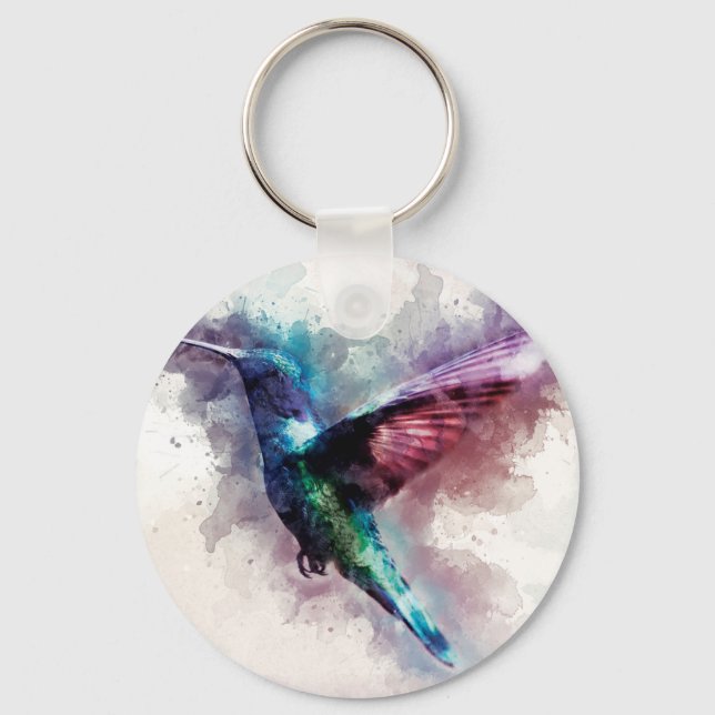 Colorful Watercolor Hummingbird Keychain (Front)