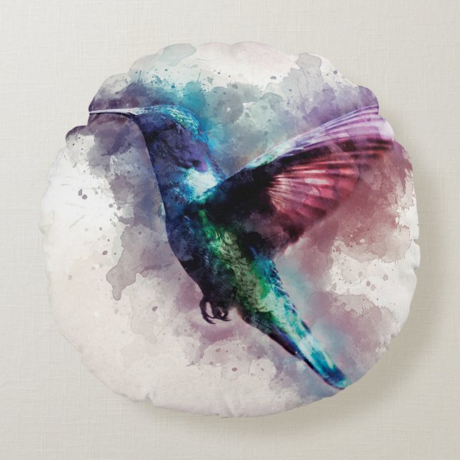 Colorful Watercolor Hummingbird Round Pillow (Front)