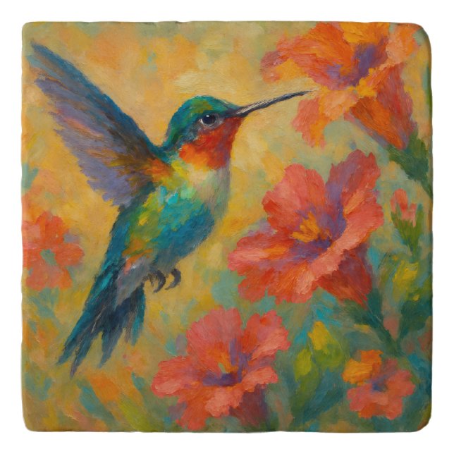 Colorful Watercolor Hummingbird Trivet (Front)