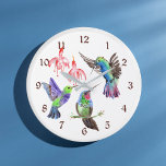 Colorful Watercolor Hummingbirds Large Clock<br><div class="desc">Three brightly colored little hummingbirds surround pink fuschia flowers on this pretty clock. Colors used with pink are blue,  purple,  green,  and brown. The brown numbers make the clock easy to read. Cheerful for a kitchen or any room!</div>