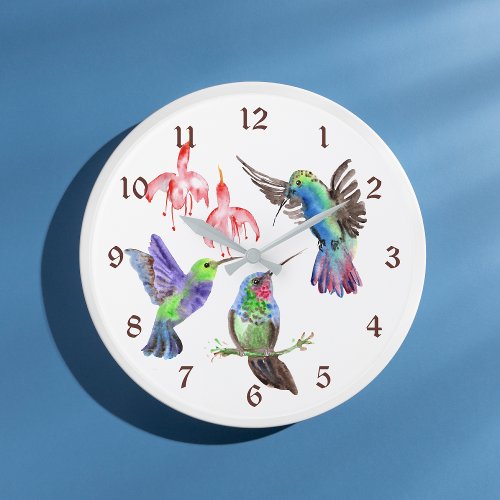 Colorful Watercolor Hummingbirds Large Clock