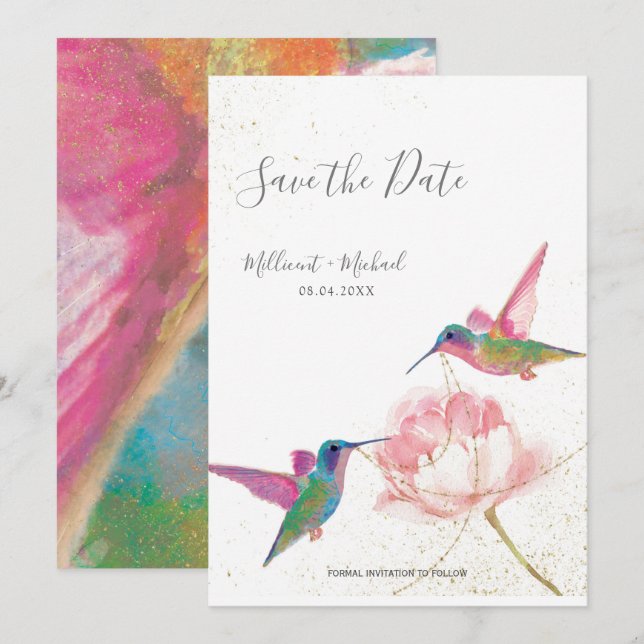 Colorful Watercolor Hummingbirds Save the Date (Front/Back)