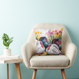 Colorful Watercolor Illustration of Turkeys Throw Pillow