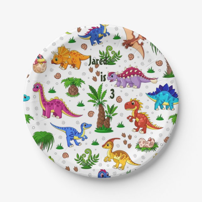 Colorful Watercolor Kids' Birthday Dinosaur Paper Plates (Front)