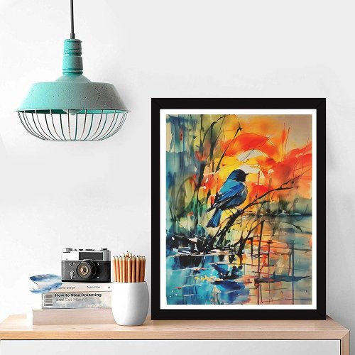 Colorful Watercolor Landscape Lake and Bird Photo Print