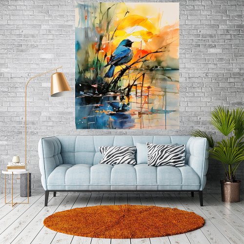 Colorful Watercolor Landscape Lake and Bird Poster