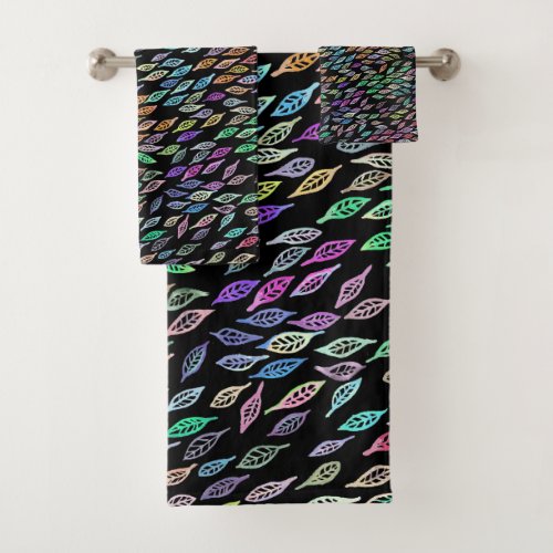 Colorful Watercolor Leaves Feathers Pattern Black Bath Towel Set