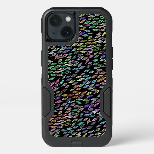 Colorful Watercolor Leaves Feathers Pattern Black iPhone 13 Case