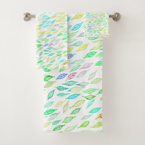 Colorful Watercolor Leaves Feathers Pattern White Bath Towel Set