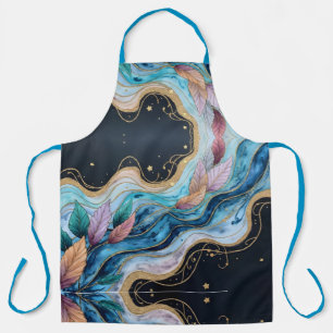 Colorful watercolor leaves on blue apron