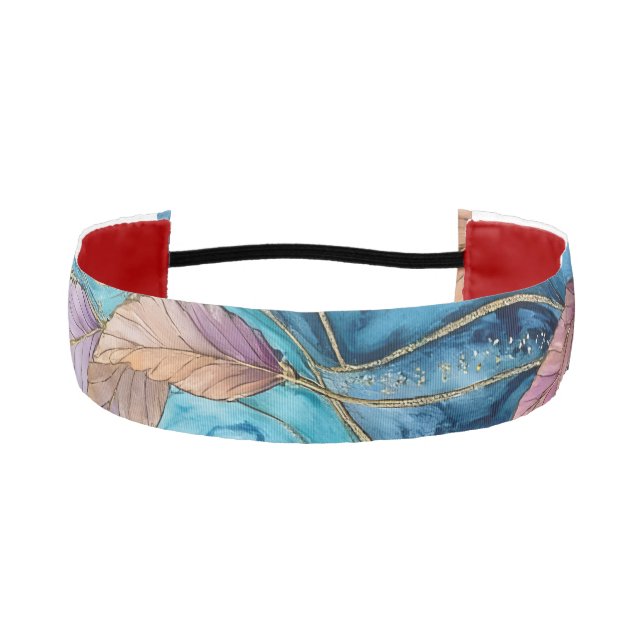 Colorful watercolor leaves on blue athletic headband (Front)