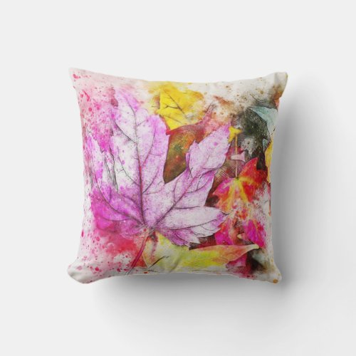 Colorful Watercolor Leaves Throw Pillow