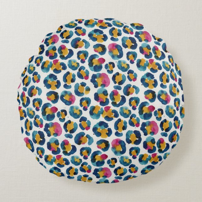 Colorful Watercolor Leopard Print Pattern Round Pillow (Front)