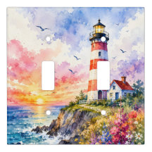 Colorful Watercolor Lighthouse by the Sea