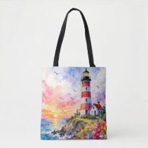 Colorful Watercolor Lighthouse by the Sea