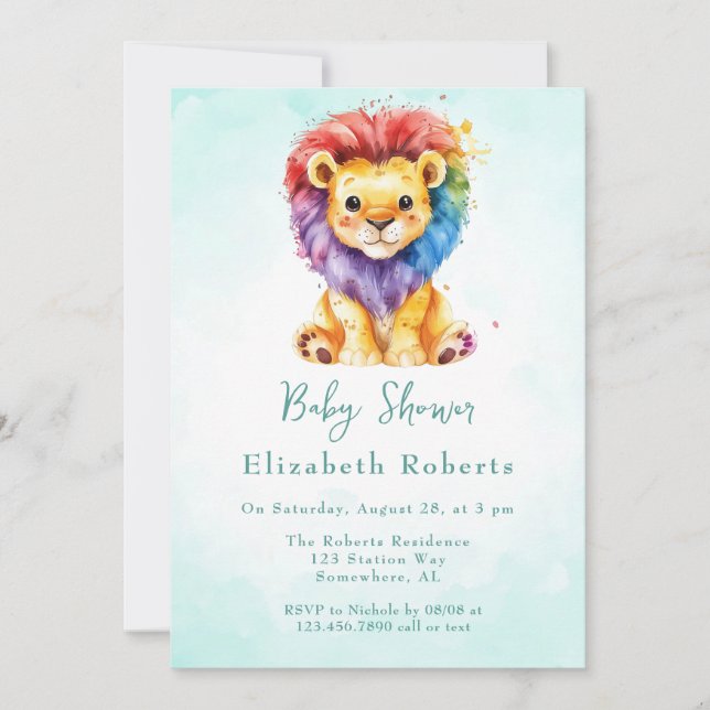 Colorful Watercolor Lion Any Gender Baby Shower Invitation (Front)