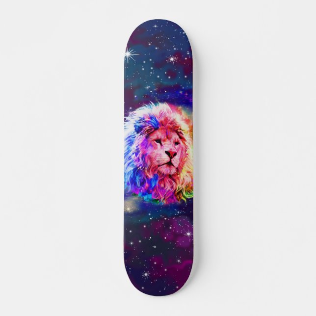 Colorful Watercolor Lion Space Skateboard (Front)