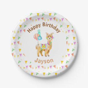 Colorful Watercolor Llama Fun 1st Birthday Paper Plates
