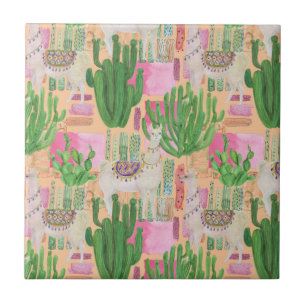 Colorful Watercolor Llama Pattern Ceramic Tile