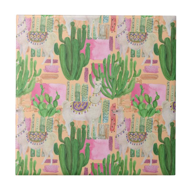 Colorful Watercolor Llama Pattern Ceramic Tile (Front)