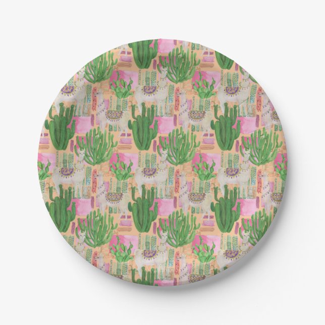 Colorful Watercolor Llama Pattern Paper Plates (Front)