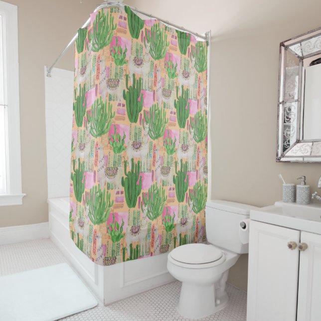 Colorful Watercolor Llama Pattern Shower Curtain (In Situ)