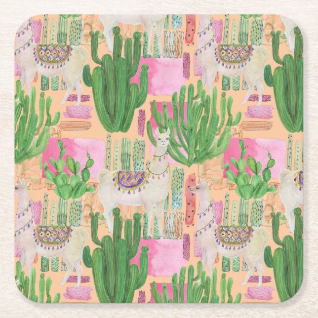 Colorful Watercolor Llama Pattern Square Paper Coaster (Front)