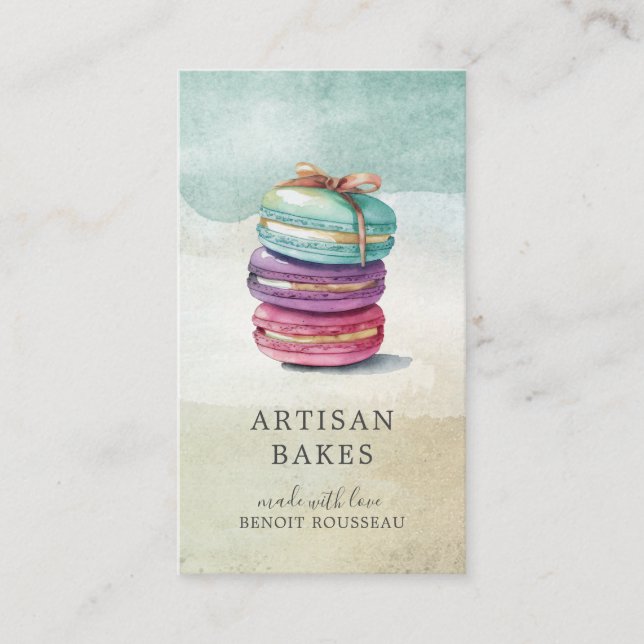 Colorful Watercolor Macaron Cookies Baker Business Card (Front)