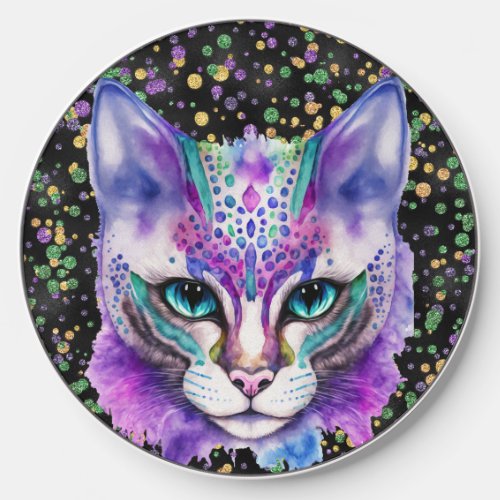 COLORFUL WATERCOLOR MARDI GRAS CAT FACE WIRELESS CHARGER 