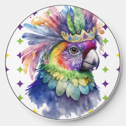 COLORFUL WATERCOLOR MARDI GRAS PARROTT WIRELESS CHARGER 