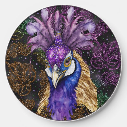 COLORFUL WATERCOLOR MARDI GRAS PEACOCK BIRD WIRELESS CHARGER 