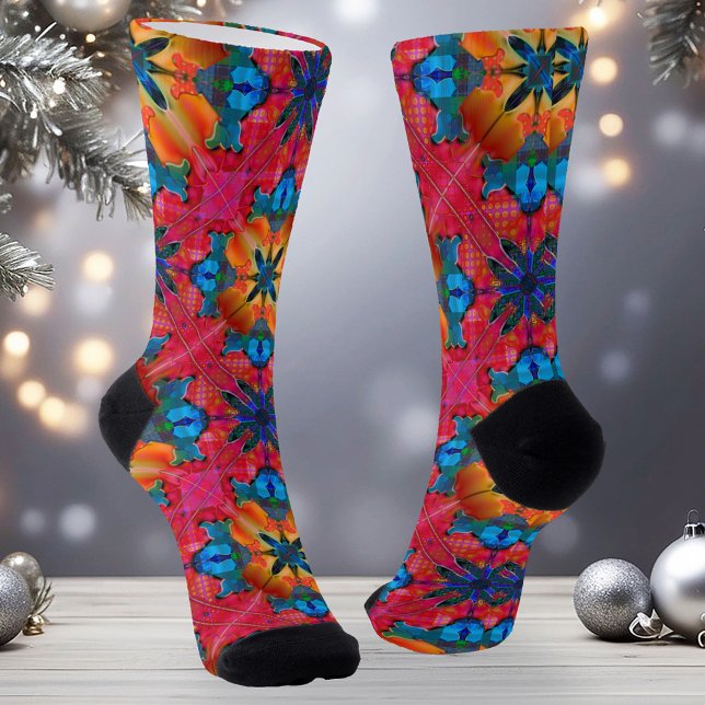 Colorful Watercolor Merry Christmas Pattern Socks (Christmas socks featuring a modern abstract geometric watercolor design in seasonal warm red)