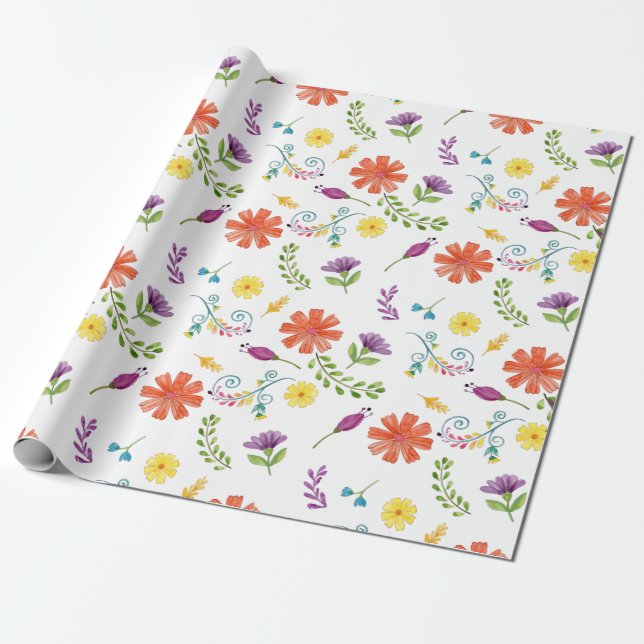 Colorful Watercolor Mexican Fiesta Flowers Wrapping Paper (Unrolled)