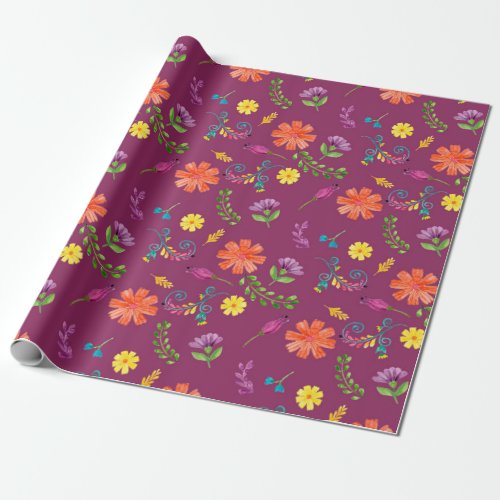 Colorful Watercolor Mexican Fiesta Flowers Wrapping Paper