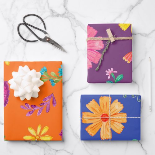 Colorful Watercolor Mexican Fiesta Flowers Wrapping Paper Sheets