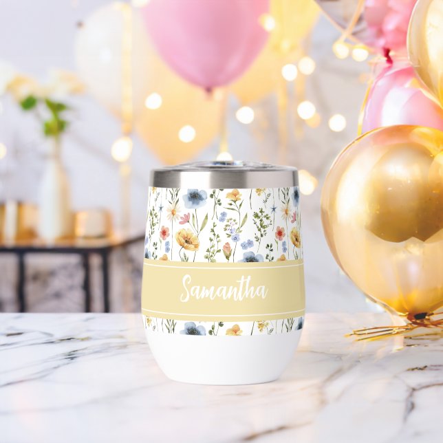Colorful Watercolor Monogram Spring Wildflower Thermal Wine Tumbler (Bachelor Party (Rotated))