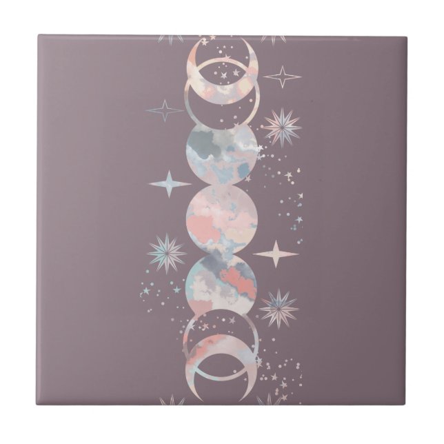 Colorful Watercolor Moons Ceramic Tile (Front)