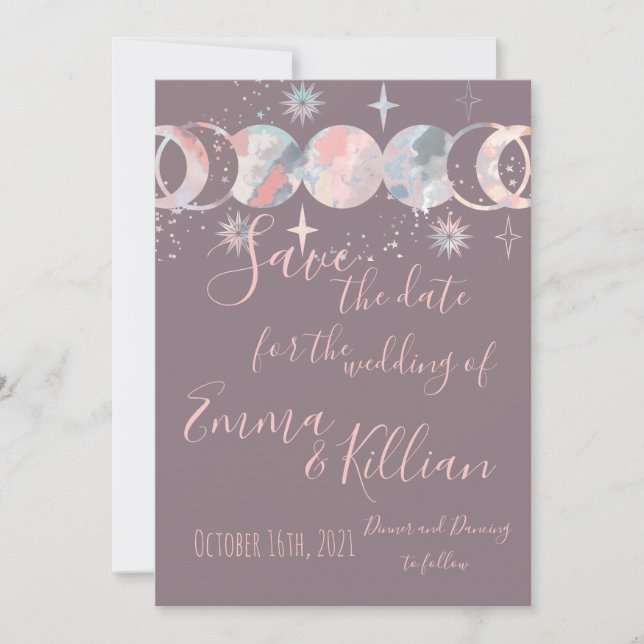 Colorful Watercolor Moons Save The Date (Front)
