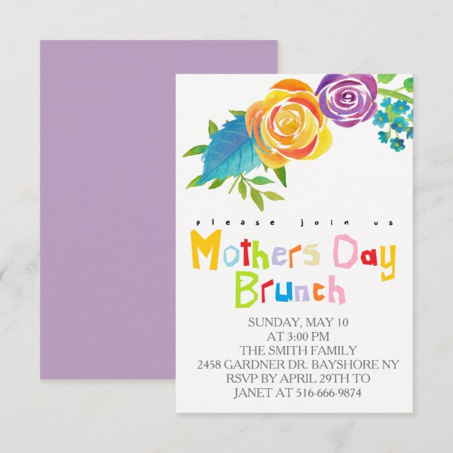 Colorful watercolor mothers day brunch invites (Front/Back)