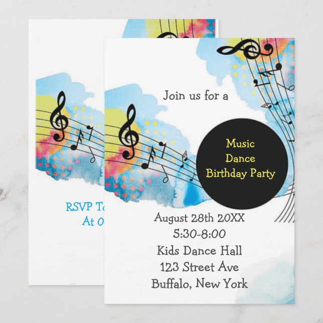 Colorful Watercolor Music Dance Birthday Party Invitation (Front/Back)