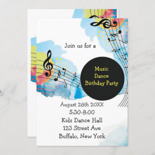Colorful Watercolor Music Dance Birthday Party Invitation