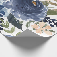 Navy Pastel Blue Watercolor Floral Pattern Wrapping Paper Sheets, Zazzle