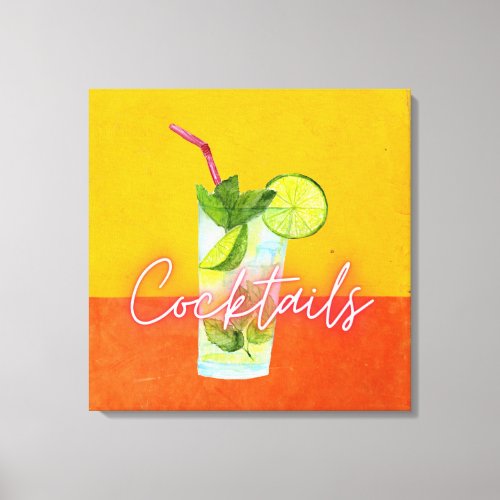 Colorful Watercolor  Neon  Cocktails Bar Art   Canvas Print