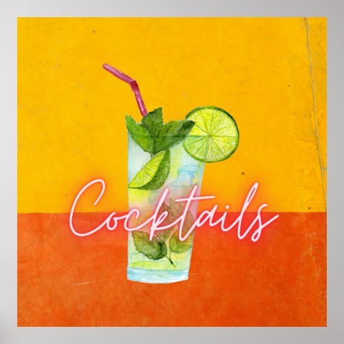 Colorful Watercolor  Neon  Cocktails Bar Art Poster