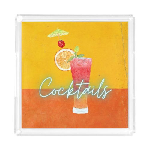 Colorful Watercolor  Neon Tropical Cocktails  Acrylic Tray
