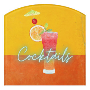 Colorful Watercolor & Neon Tropical Cocktails Door Sign